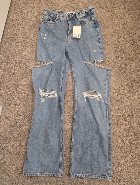 Zara Denim - ZARA Light Blue Distressed Wide-Leg Ripped Jeans